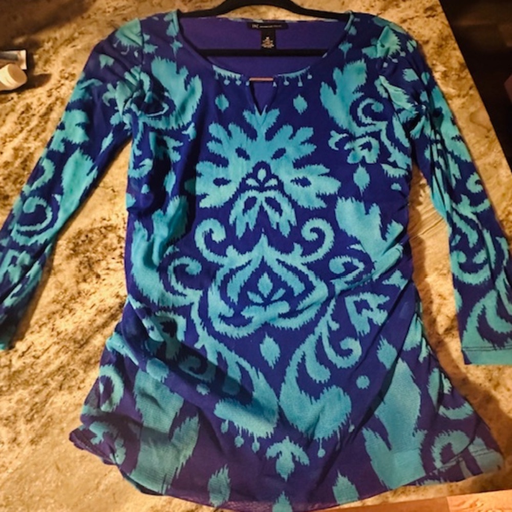 INC International Concepts Women's Blue Paisley Mesh Ruched Long Sleeve Top (M)